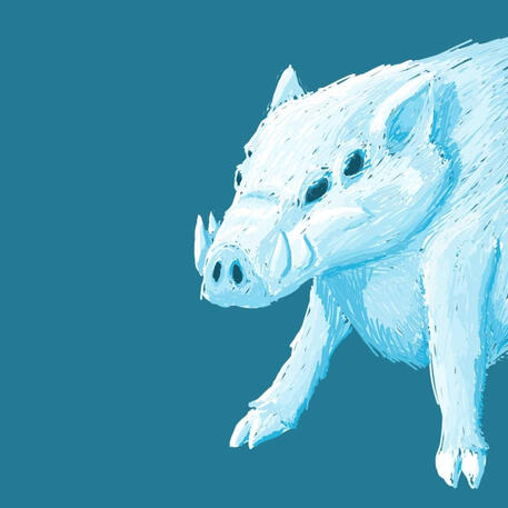 A bluescale image of a large white boar with four tusks and eyes