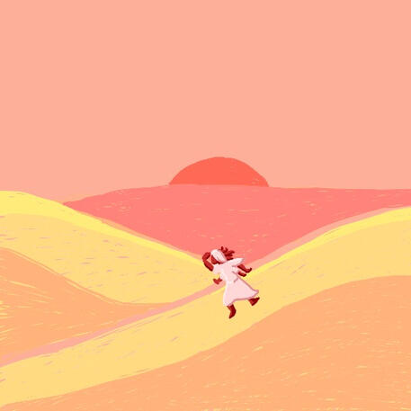 A red alien traversing a desert at sunset.