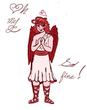 A red, monochromatic drawing of a man dressed as cupid.