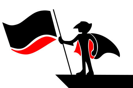 A silhouette of Plague Doctor Quinn holding the Antifa Flag.