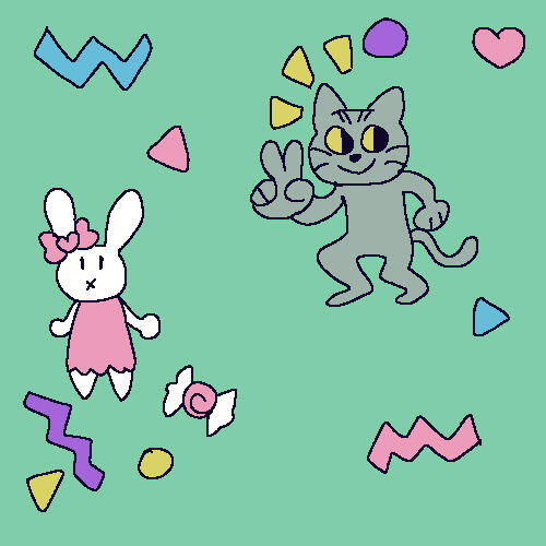 A grey cat giving the peace sign and a white rabbit in pink.