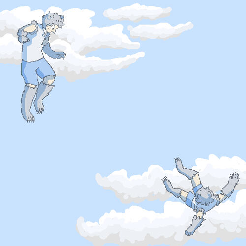 A boy falls through the sky with grey fur on his arms and legs.