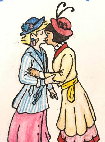 Two women kissing each other tenderly.