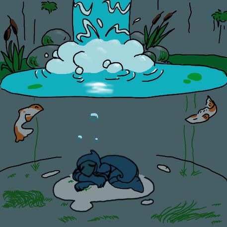 A plague doctor sleeping in a pond with koi fish