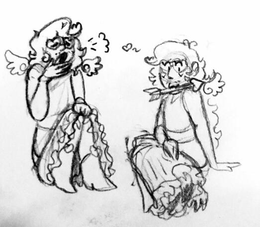 Two drawings of a man with long, curly hair dressed as cupid.