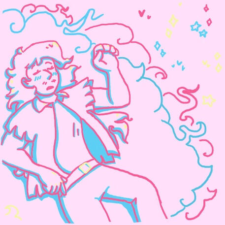 A man sleeping on some pink clouds.