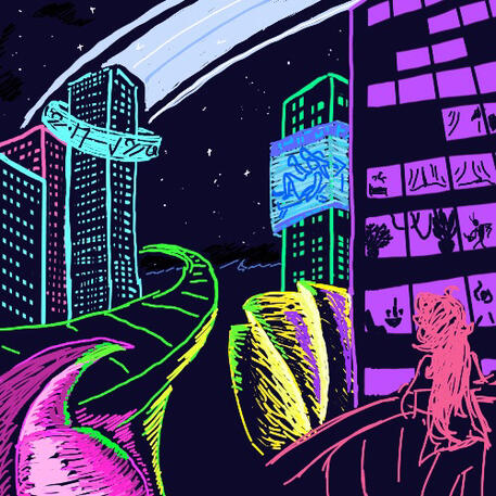 A cityscape lit in neon with planetary rings in the night sky