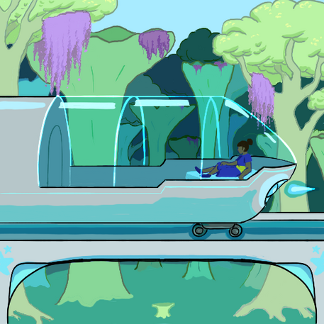 A futuristic space monorail speeds through a forested landscape