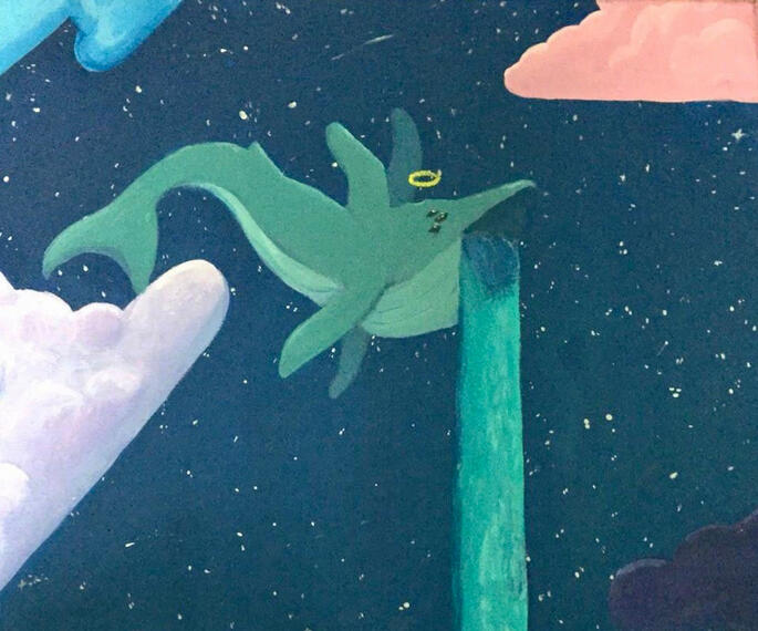 A painting of a whale in space with water flowing from its mouth