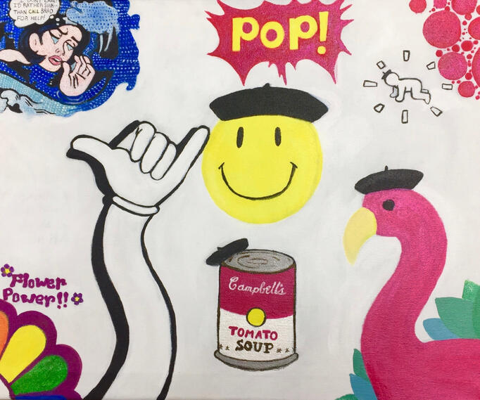 A collage of pop culture icons like the smiley face.